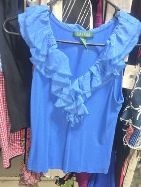 Lauren Ralph Lauren Blue Ruffled V-Neck Sleeveless Top